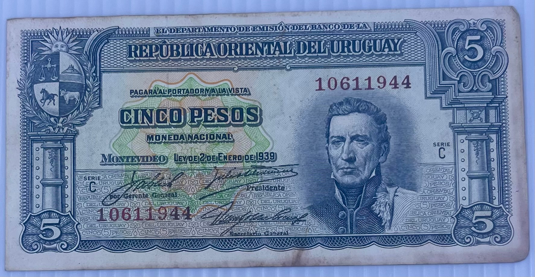 Uruguay 1939 5 Pesos P-36 Used World Banknote Currency
